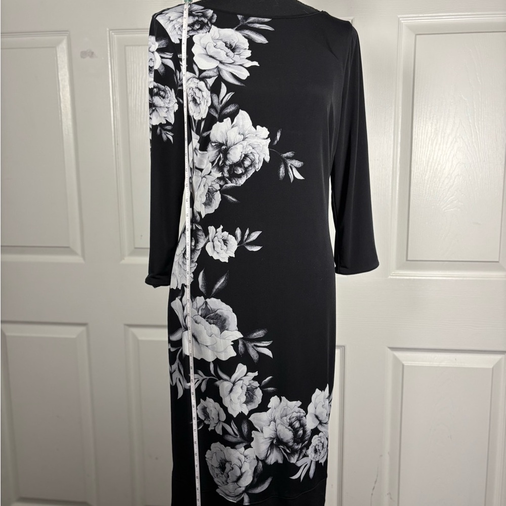 White House Black Market Asymmetrical Black Dress with White Floral Design - Picture 12 of 13